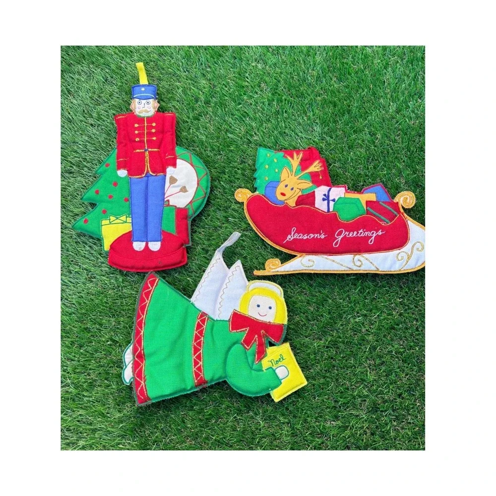 Vintage Hallie St Mary Christmas Fabric‎ Ornaments Set Nutcracker Angel Sleigh